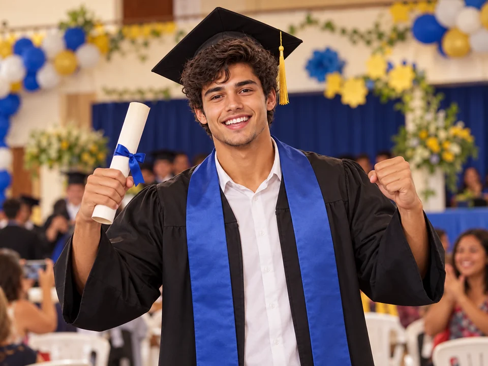 Jovem homem comemorando a formatura no ensino médio